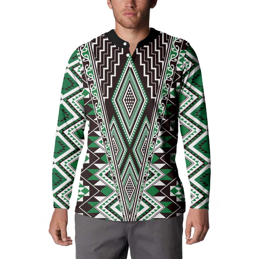 Green Aotearoa Tukutuku and Poutama Motif Button Sweatshirt