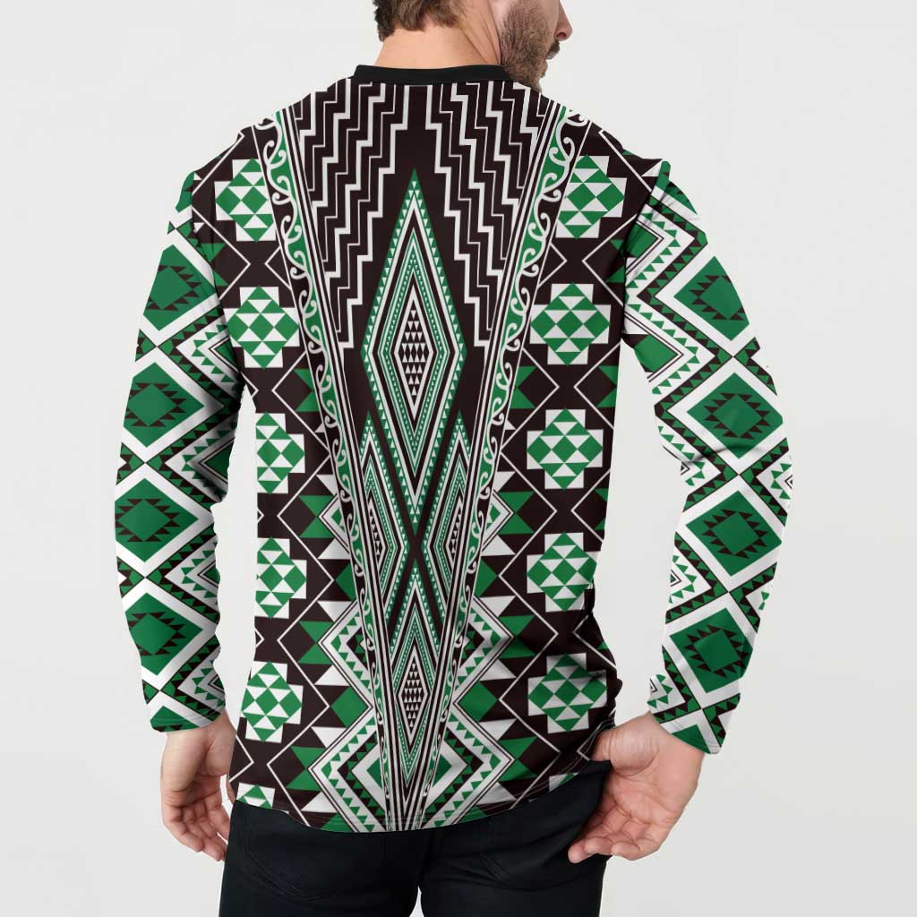 Green Aotearoa Tukutuku and Poutama Motif Button Sweatshirt