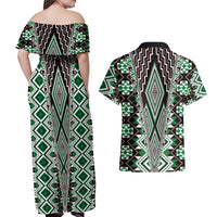Green Aotearoa Tukutuku and Poutama Motif Couples Matching Off Shoulder Maxi Dress and Hawaiian Shirt