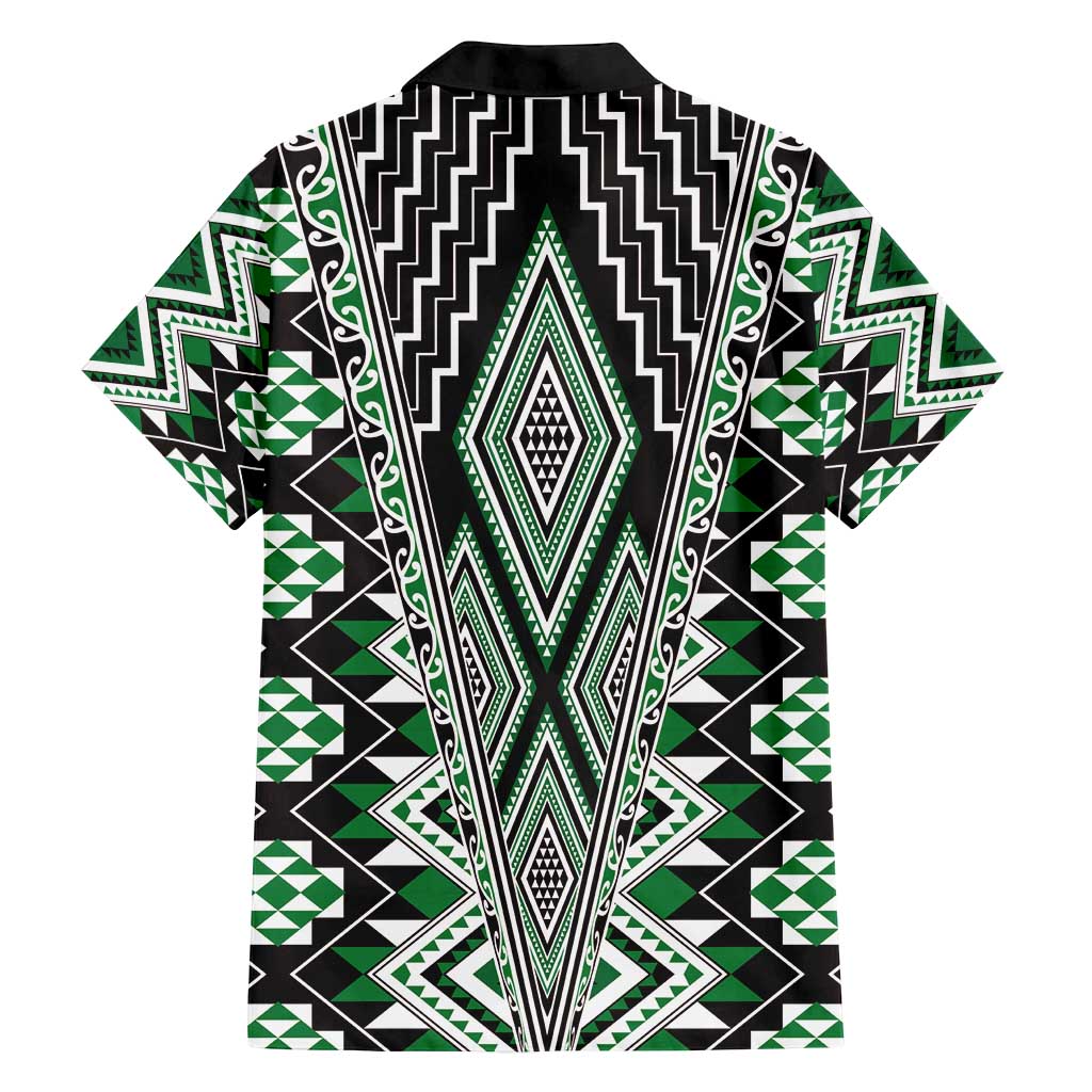 Green Aotearoa Tukutuku and Poutama Motif Family Matching Long Sleeve Bodycon Dress and Hawaiian Shirt