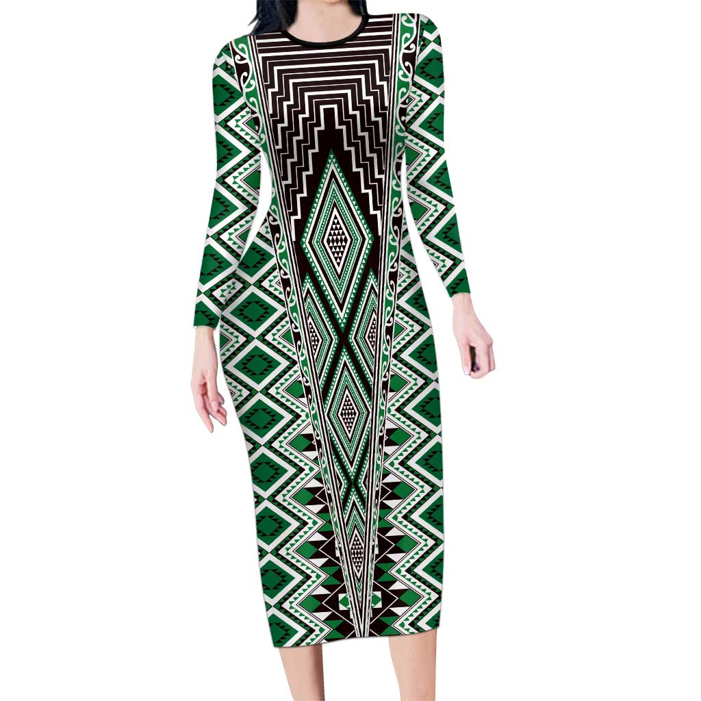 Green Aotearoa Tukutuku and Poutama Motif Family Matching Long Sleeve Bodycon Dress and Hawaiian Shirt
