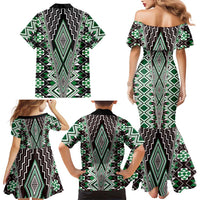 Green Aotearoa Tukutuku and Poutama Motif Family Matching Mermaid Dress and Hawaiian Shirt