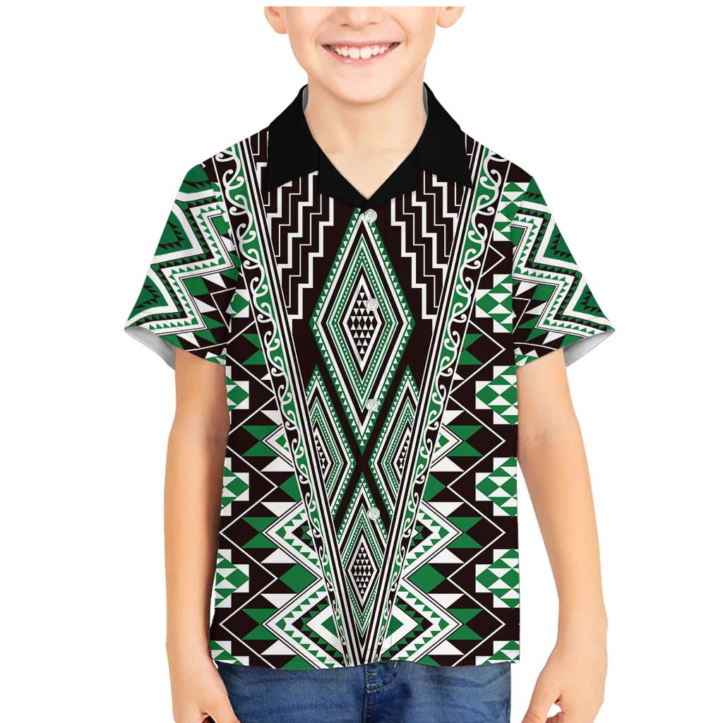 Green Aotearoa Tukutuku and Poutama Motif Family Matching Mermaid Dress and Hawaiian Shirt