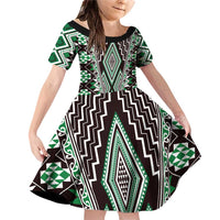 Green Aotearoa Tukutuku and Poutama Motif Family Matching Off Shoulder Short Dress and Hawaiian Shirt