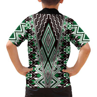 Green Aotearoa Tukutuku and Poutama Motif Family Matching Puletasi and Hawaiian Shirt