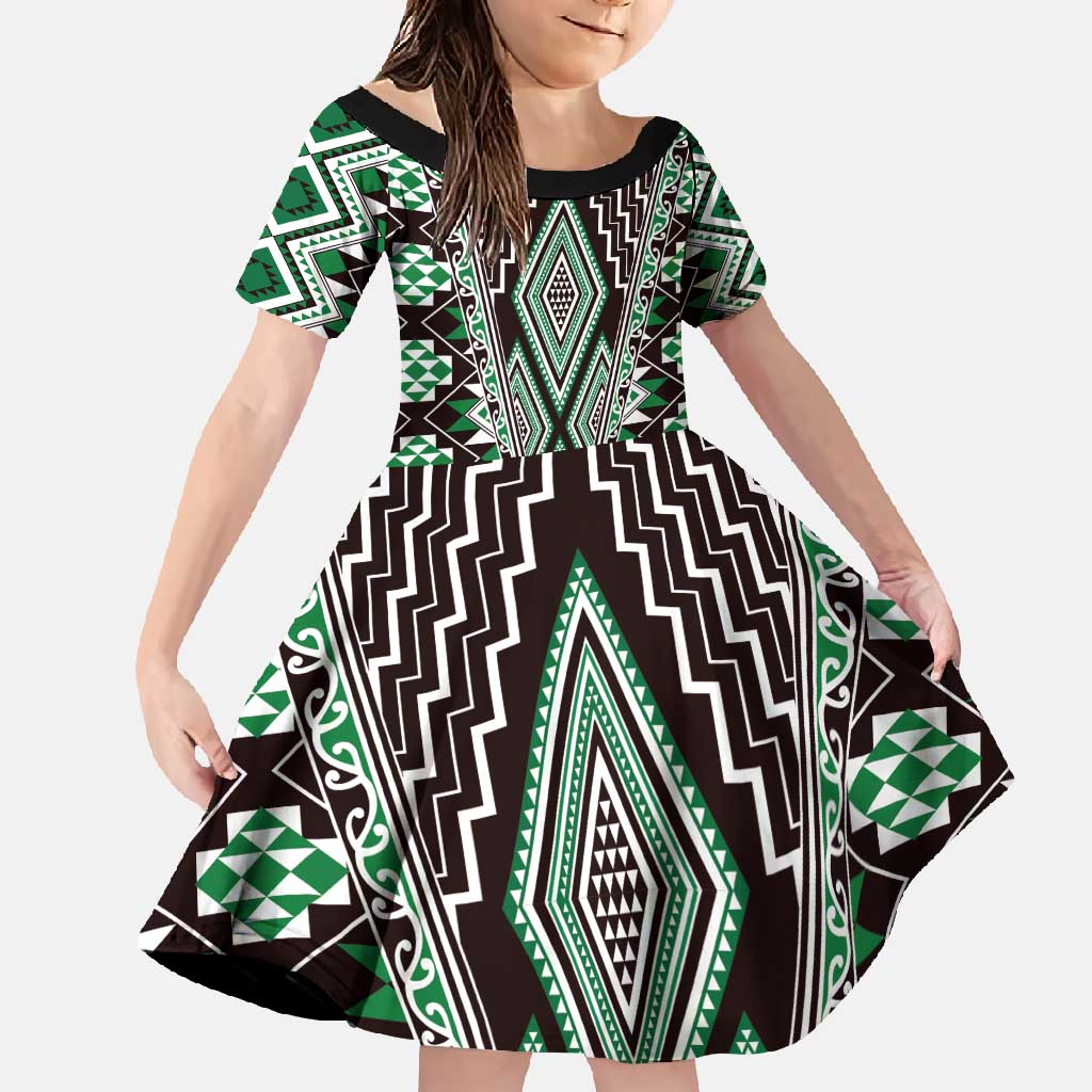 Green Aotearoa Tukutuku and Poutama Motif Family Matching Short Sleeve Bodycon Dress and Hawaiian Shirt