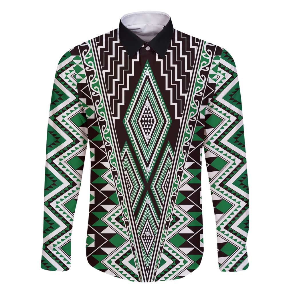 Green Aotearoa Tukutuku and Poutama Motif Family Matching Tank Maxi Dress and Hawaiian Shirt