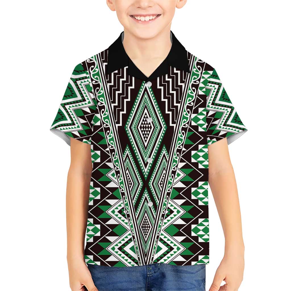Green Aotearoa Tukutuku and Poutama Motif Kid Hawaiian Shirt LT03 Kid Green - Polynesian Pride