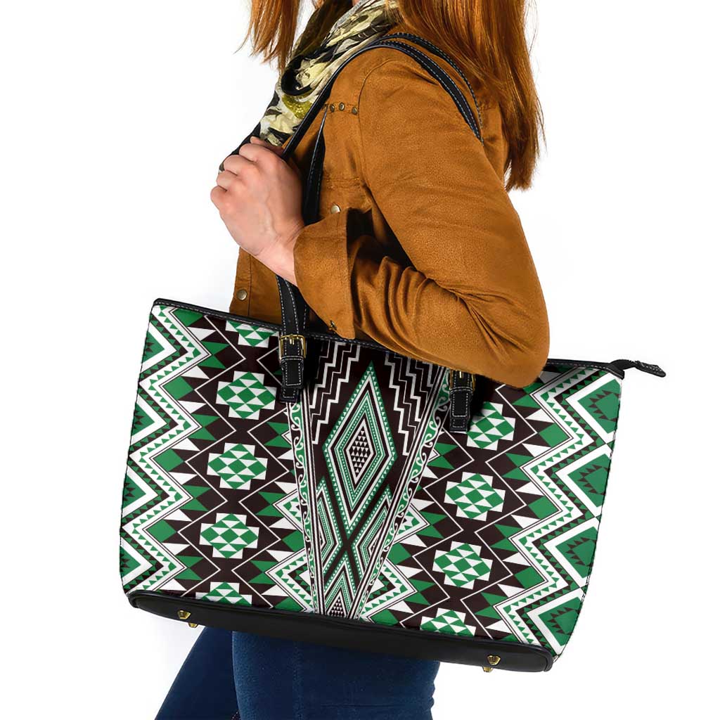 Green Aotearoa Tukutuku and Poutama Motif Leather Tote Bag LT03 Green - Polynesian Pride