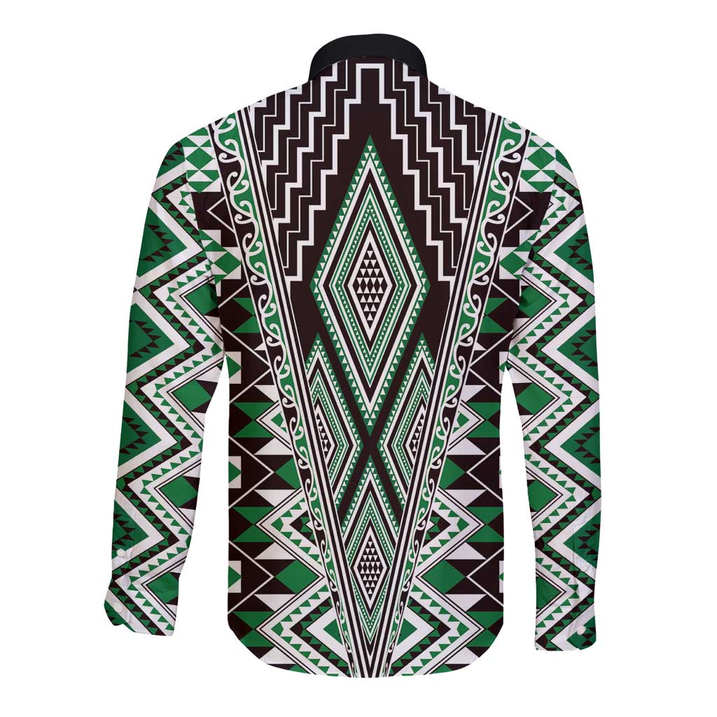 Green Aotearoa Tukutuku and Poutama Motif Long Sleeve Button Shirt