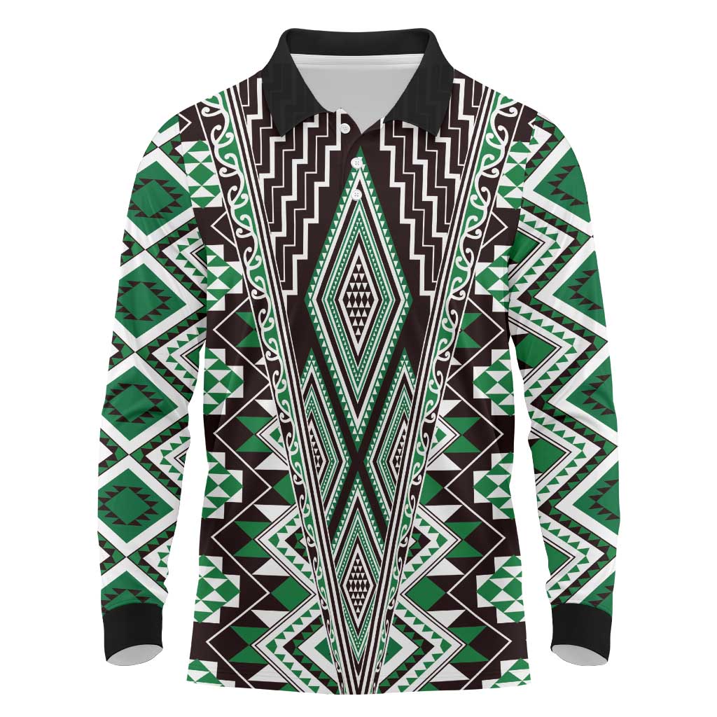 Green Aotearoa Tukutuku and Poutama Motif Long Sleeve Polo Shirt