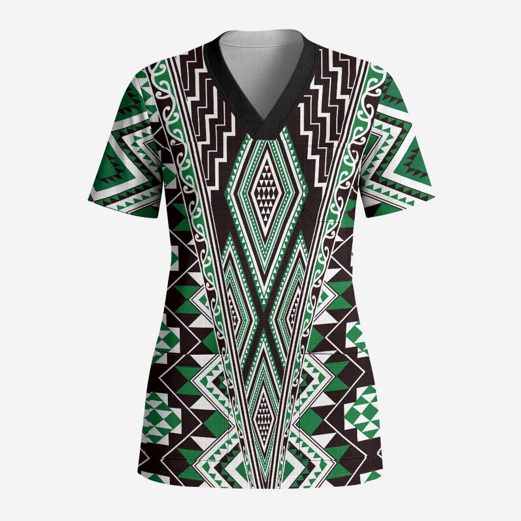 Green Aotearoa Tukutuku and Poutama Motif Scrub Top - Polynesian Pride