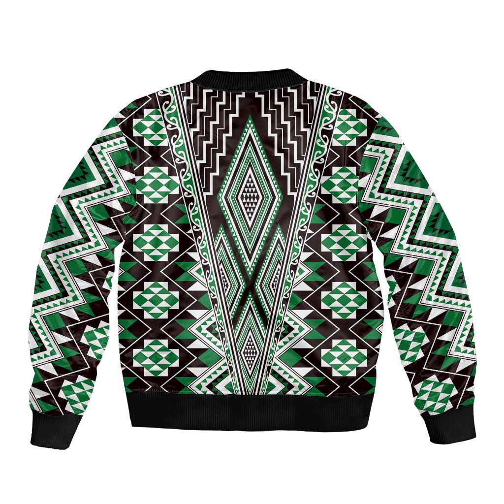 Green Aotearoa Tukutuku and Poutama Motif Sleeve Zip Bomber Jacket