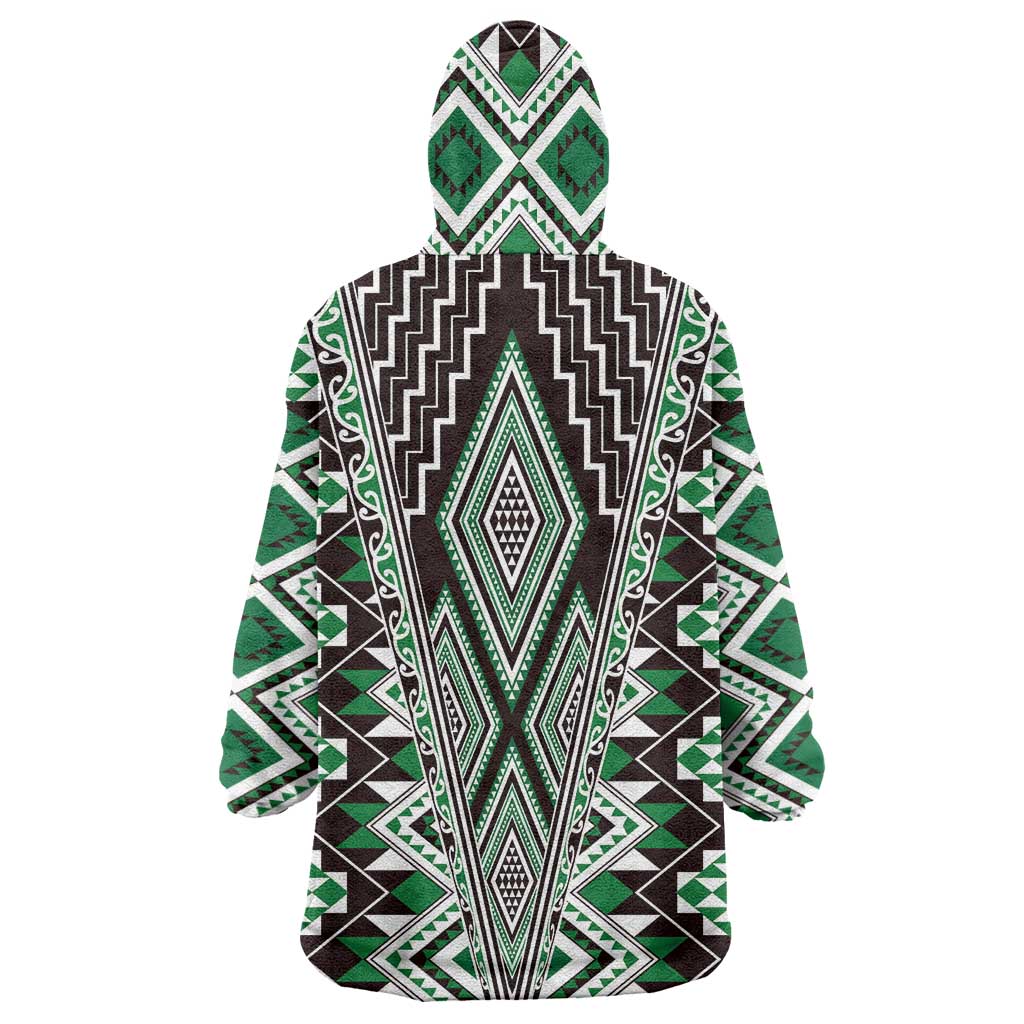Green Aotearoa Tukutuku and Poutama Motif Wearable Blanket Hoodie