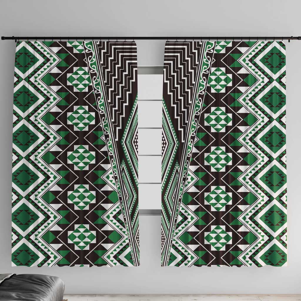 Green Aotearoa Tukutuku and Poutama Motif Window Curtain LT03 With Hooks Green - Polynesian Pride