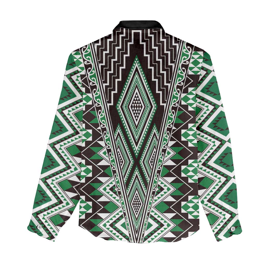 Green Aotearoa Tukutuku and Poutama Motif Women Casual Shirt