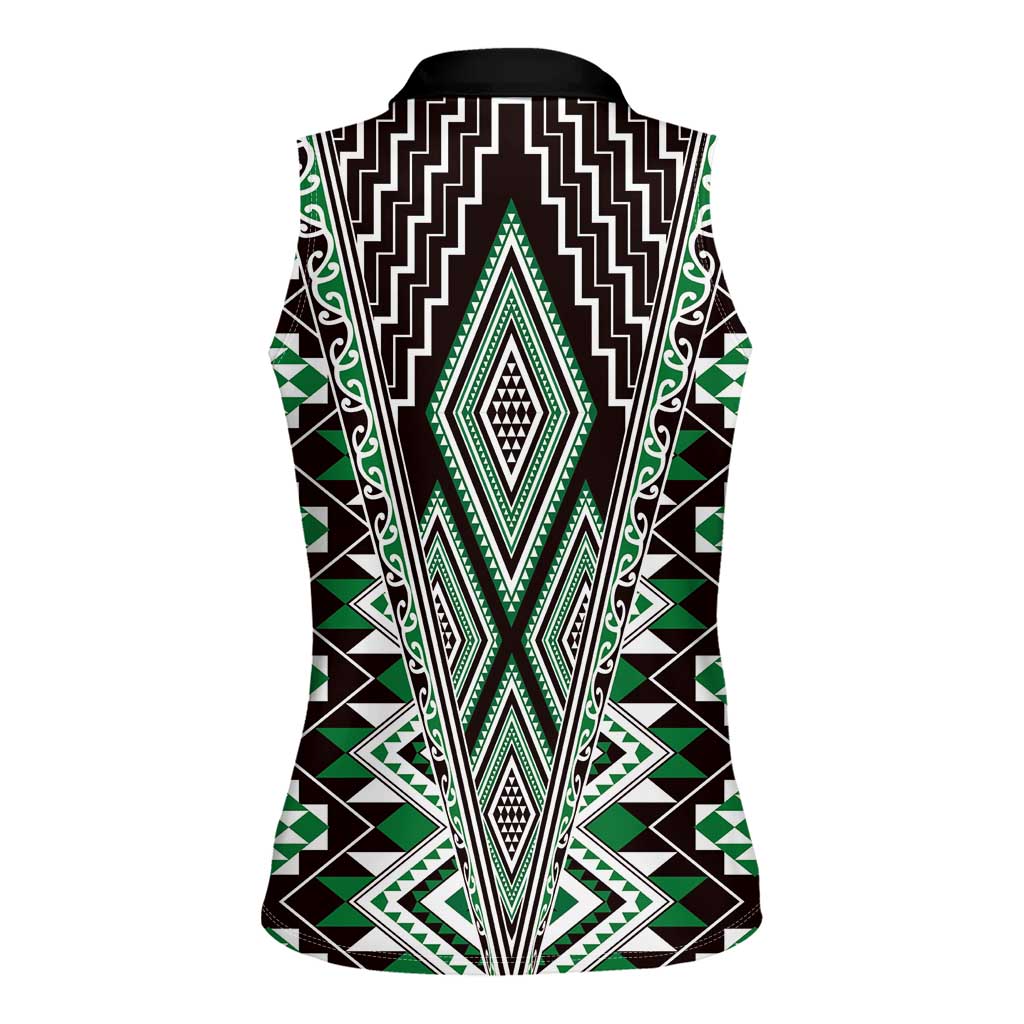Green Aotearoa Tukutuku and Poutama Motif Women Sleeveless Polo Shirt