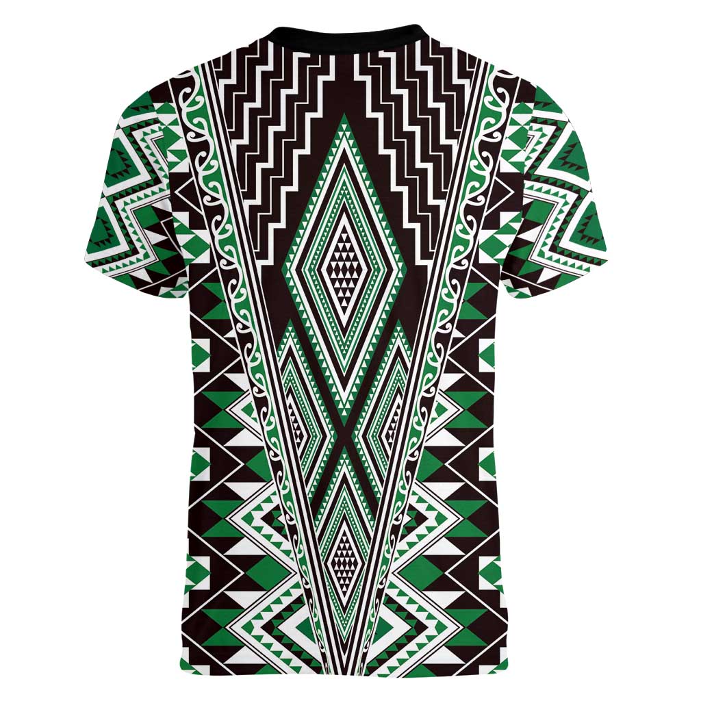 Green Aotearoa Tukutuku and Poutama Motif Women V-Neck T-Shirt