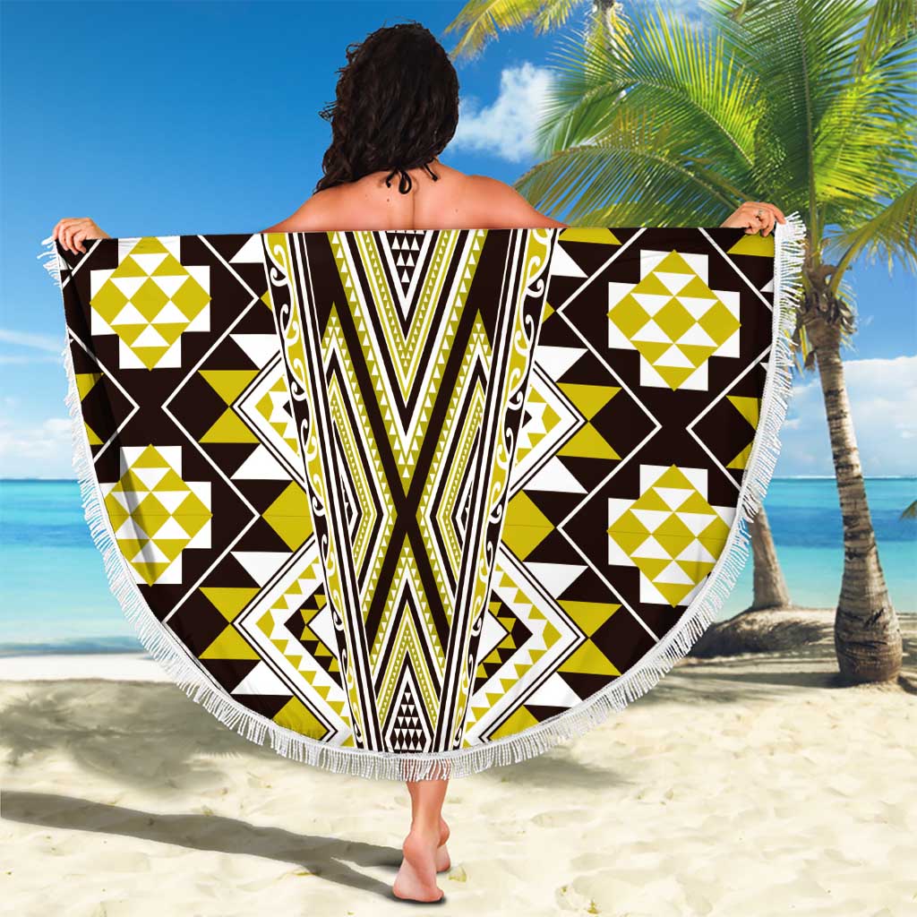 Yellow Aotearoa Tukutuku and Poutama Motif Beach Blanket