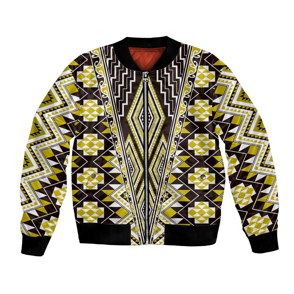Yellow Aotearoa Tukutuku and Poutama Motif Bomber Jacket LT03 Unisex Yellow - Polynesian Pride