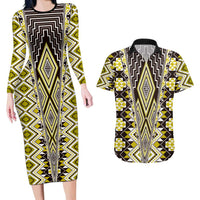 Yellow Aotearoa Tukutuku and Poutama Motif Couples Matching Long Sleeve Bodycon Dress and Hawaiian Shirt