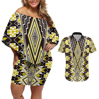 Yellow Aotearoa Tukutuku and Poutama Motif Couples Matching Off Shoulder Short Dress and Hawaiian Shirt