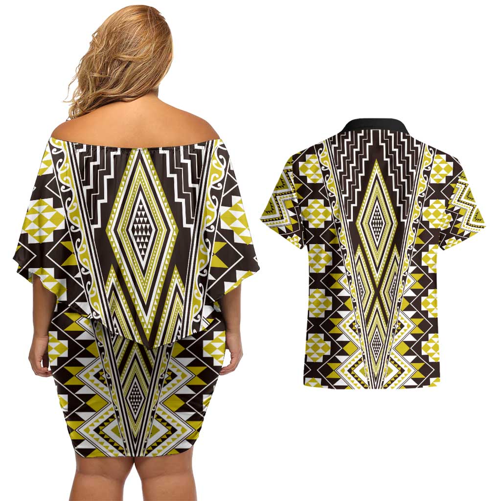 Yellow Aotearoa Tukutuku and Poutama Motif Couples Matching Off Shoulder Short Dress and Hawaiian Shirt