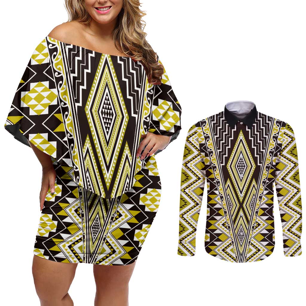 Yellow Aotearoa Tukutuku and Poutama Motif Couples Matching Off Shoulder Short Dress and Long Sleeve Button Shirt