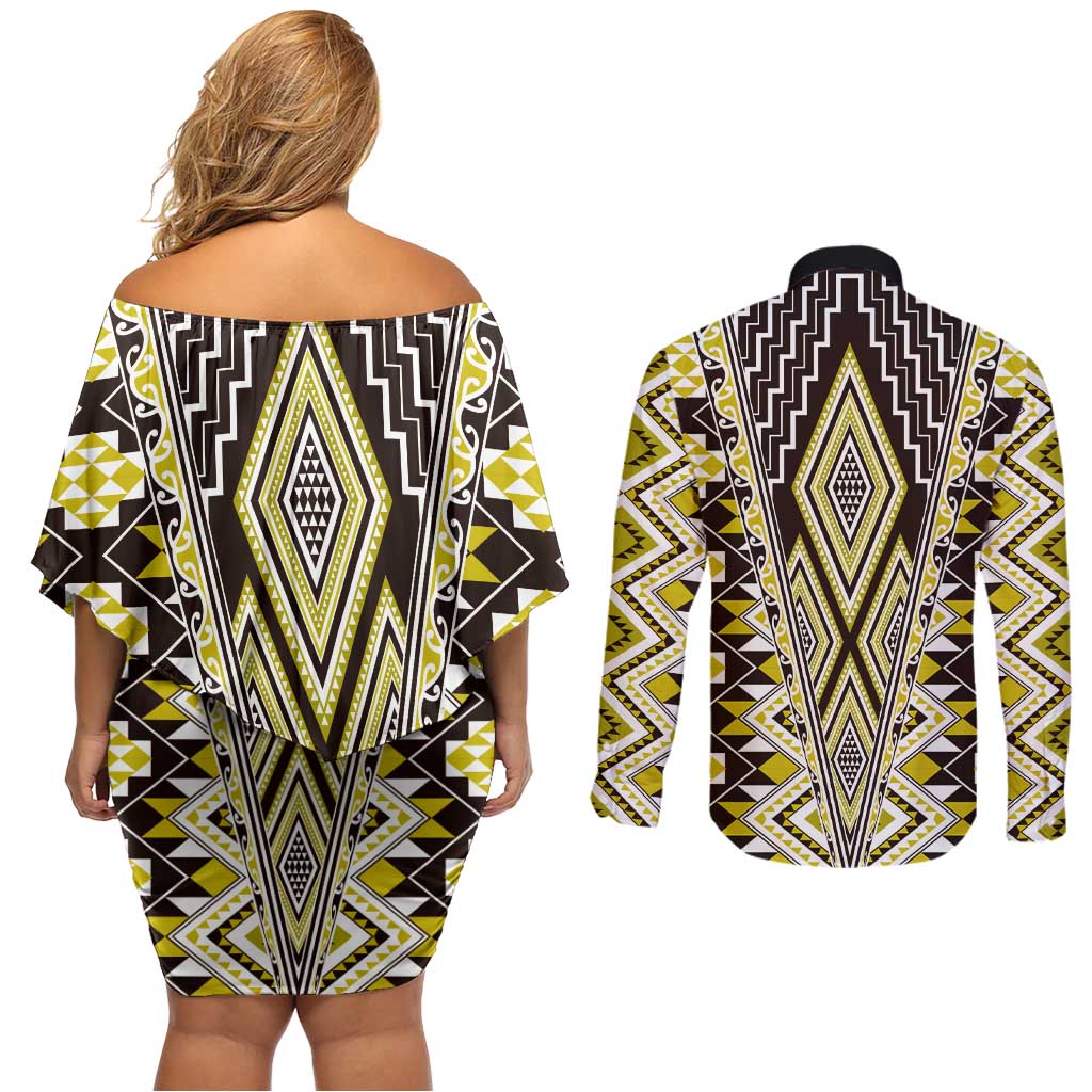 Yellow Aotearoa Tukutuku and Poutama Motif Couples Matching Off Shoulder Short Dress and Long Sleeve Button Shirt