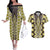 Yellow Aotearoa Tukutuku and Poutama Motif Couples Matching Off The Shoulder Long Sleeve Dress and Hawaiian Shirt