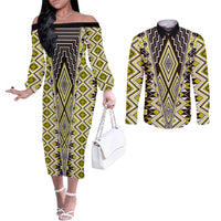 Yellow Aotearoa Tukutuku and Poutama Motif Couples Matching Off The Shoulder Long Sleeve Dress and Long Sleeve Button Shirt