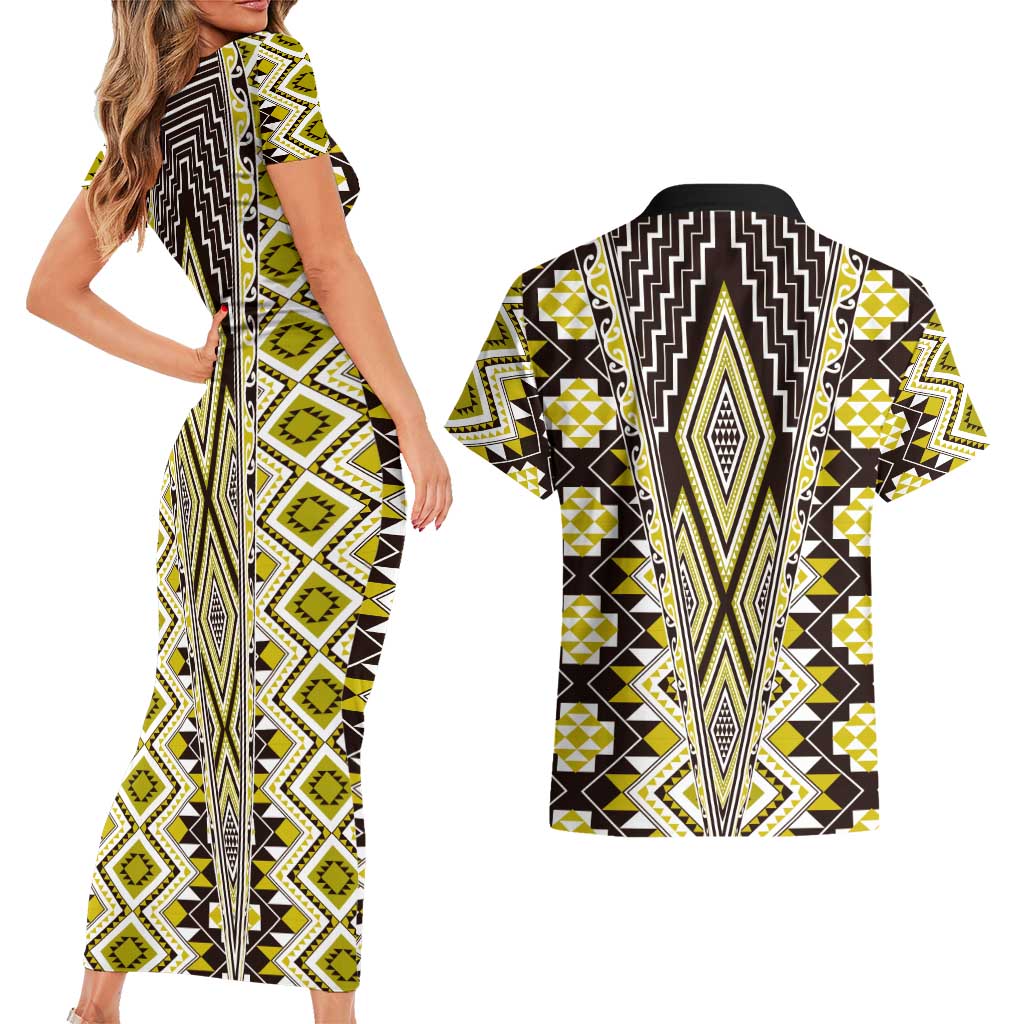 Yellow Aotearoa Tukutuku and Poutama Motif Couples Matching Short Sleeve Bodycon Dress and Hawaiian Shirt