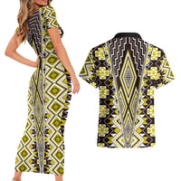 Yellow Aotearoa Tukutuku and Poutama Motif Couples Matching Short Sleeve Bodycon Dress and Hawaiian Shirt