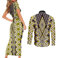 Yellow Aotearoa Tukutuku and Poutama Motif Couples Matching Short Sleeve Bodycon Dress and Long Sleeve Button Shirt