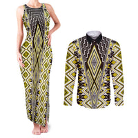Yellow Aotearoa Tukutuku and Poutama Motif Couples Matching Tank Maxi Dress and Long Sleeve Button Shirt