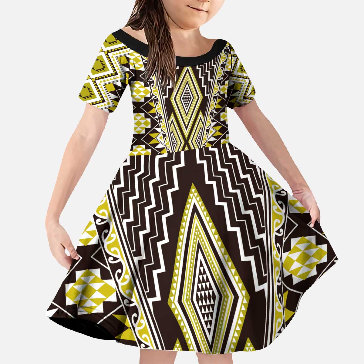 Yellow Aotearoa Tukutuku and Poutama Motif Family Matching Off The Shoulder Long Sleeve Dress and Hawaiian Shirt