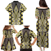 Yellow Aotearoa Tukutuku and Poutama Motif Family Matching Puletasi and Hawaiian Shirt