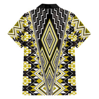 Yellow Aotearoa Tukutuku and Poutama Motif Family Matching Puletasi and Hawaiian Shirt