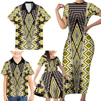 Yellow Aotearoa Tukutuku and Poutama Motif Family Matching Short Sleeve Bodycon Dress and Hawaiian Shirt