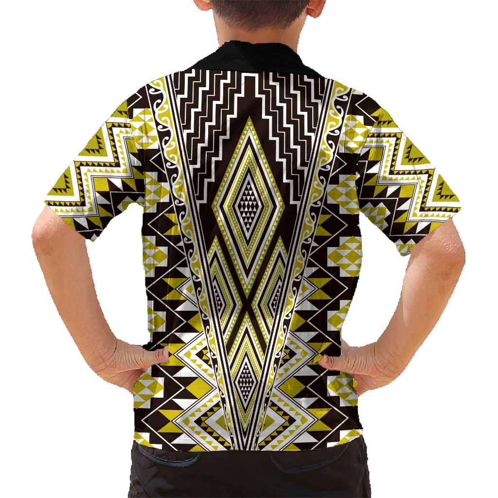 Yellow Aotearoa Tukutuku and Poutama Motif Family Matching Tank Maxi Dress and Hawaiian Shirt