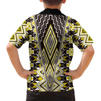 Yellow Aotearoa Tukutuku and Poutama Motif Family Matching Tank Maxi Dress and Hawaiian Shirt