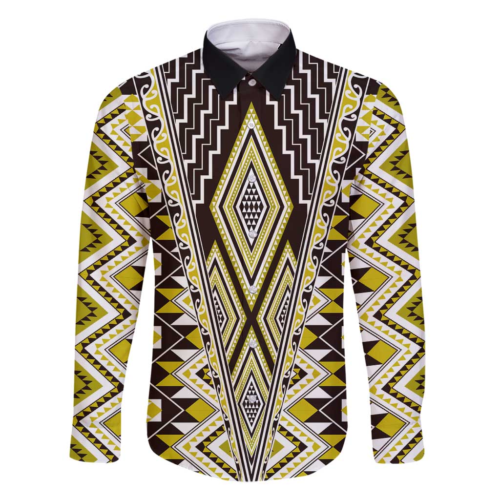 Yellow Aotearoa Tukutuku and Poutama Motif Family Matching Tank Maxi Dress and Hawaiian Shirt