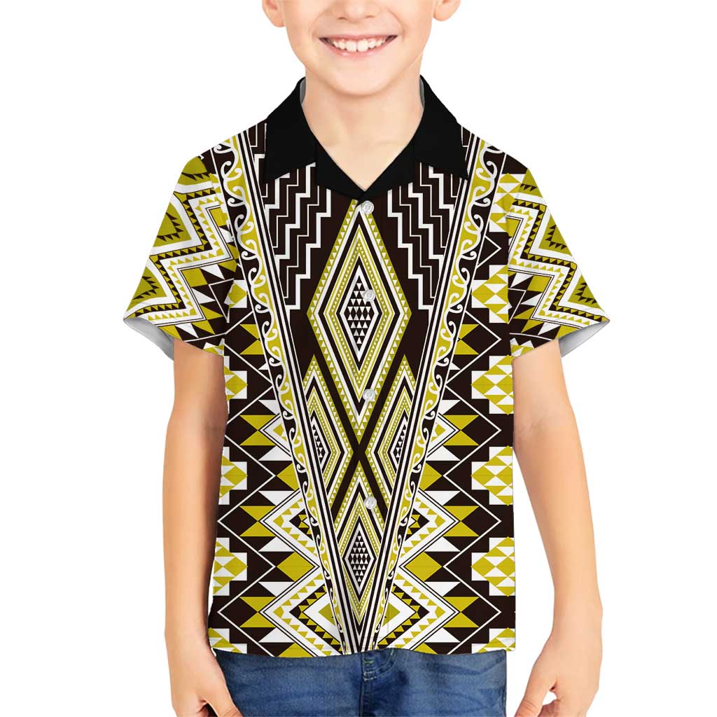 Yellow Aotearoa Tukutuku and Poutama Motif Family Matching Tank Maxi Dress and Hawaiian Shirt