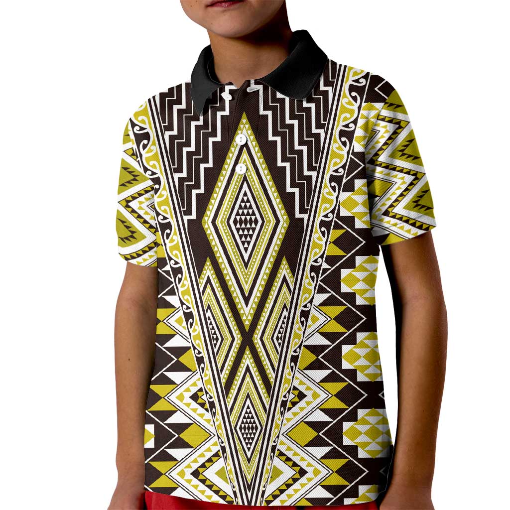 Yellow Aotearoa Tukutuku and Poutama Motif Kid Polo Shirt LT03 Kid Yellow - Polynesian Pride