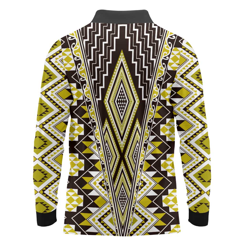 Yellow Aotearoa Tukutuku and Poutama Motif Long Sleeve Polo Shirt