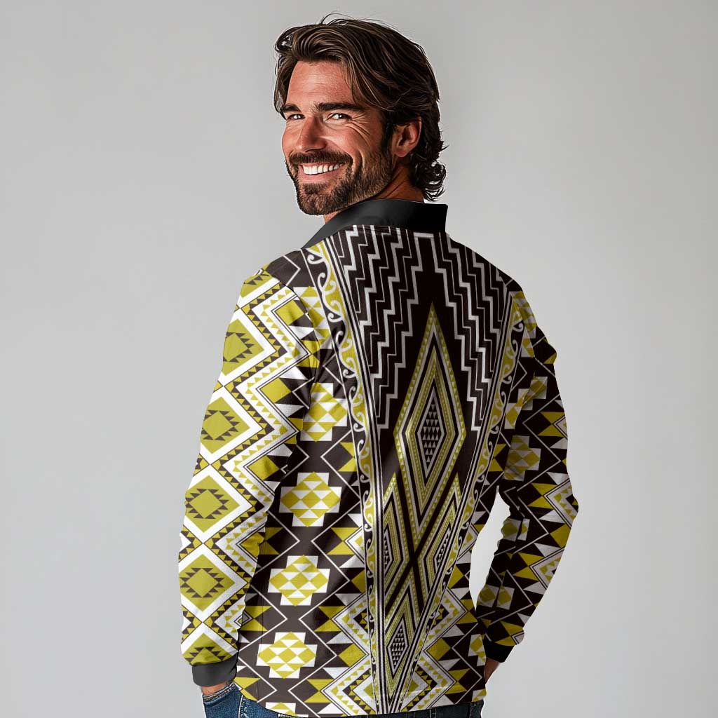 Yellow Aotearoa Tukutuku and Poutama Motif Long Sleeve Polo Shirt