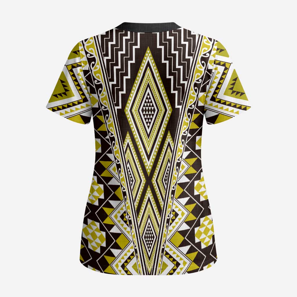 Yellow Aotearoa Tukutuku and Poutama Motif Scrub Top - Polynesian Pride