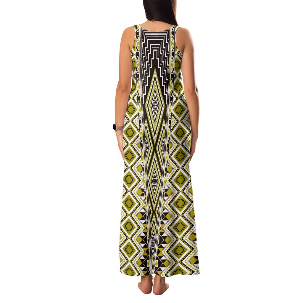 Yellow Aotearoa Tukutuku and Poutama Motif Tank Maxi Dress