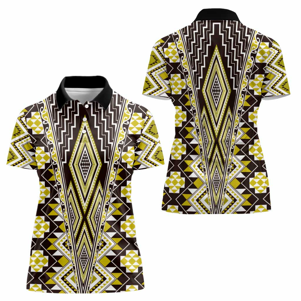Yellow Aotearoa Tukutuku and Poutama Motif Women Polo Shirt