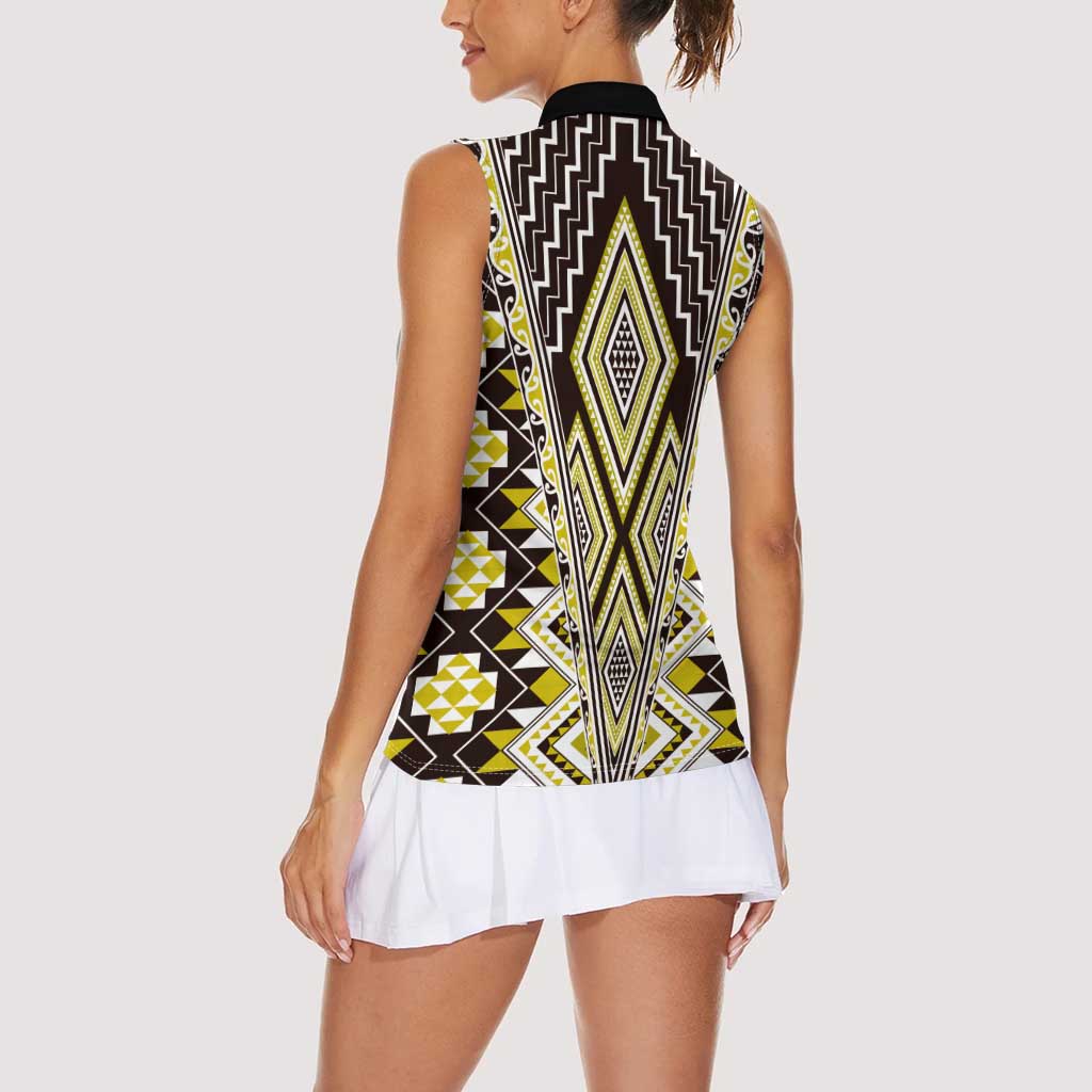Yellow Aotearoa Tukutuku and Poutama Motif Women Sleeveless Polo Shirt